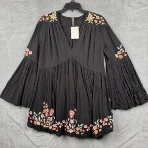 Free People Te Amo Mini Dress XS Embroidered Floral Boho Bell Sleeve Black